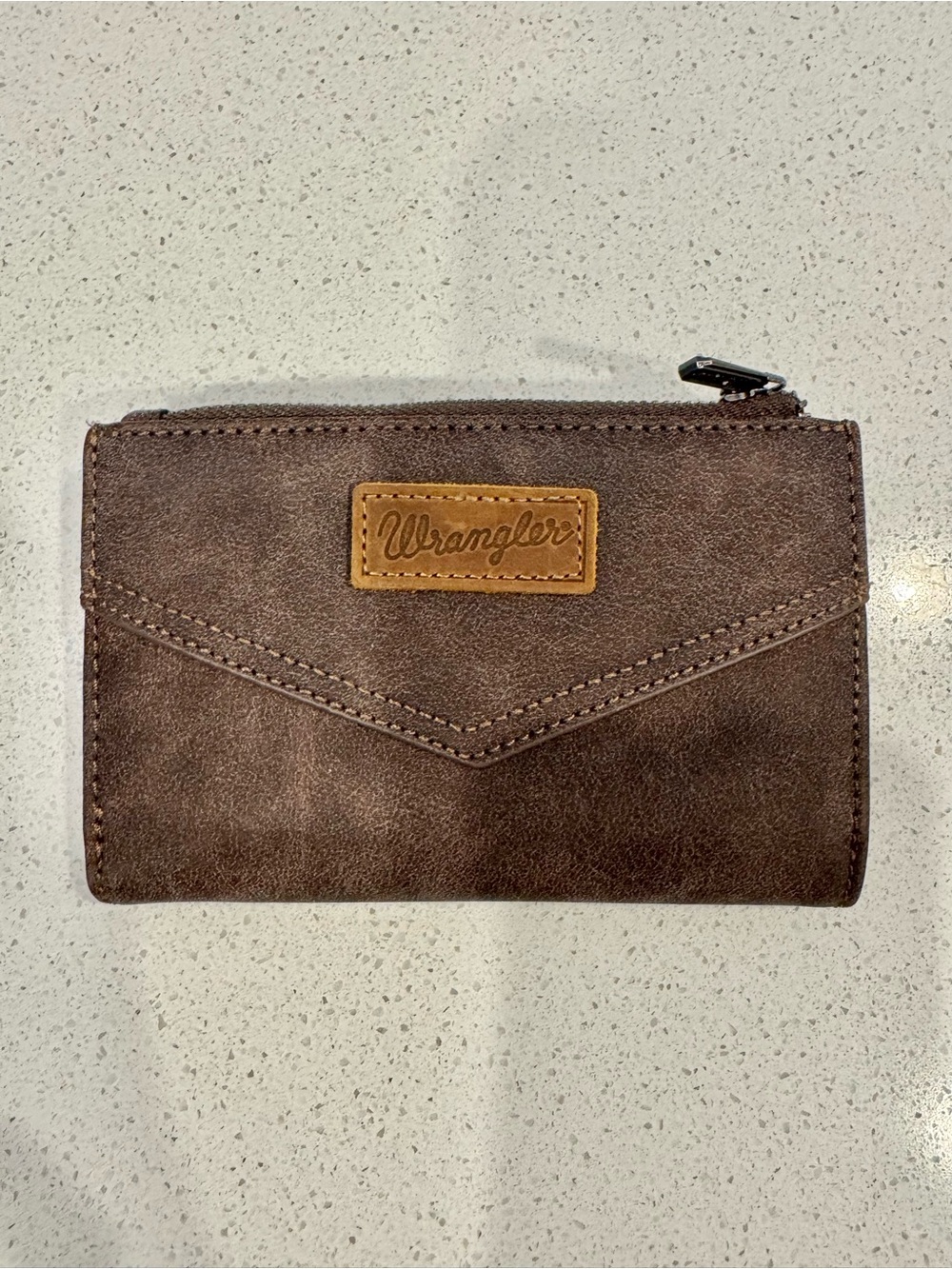 Wrangler Brown Leather Zip Card Wallet with Patch Logo
